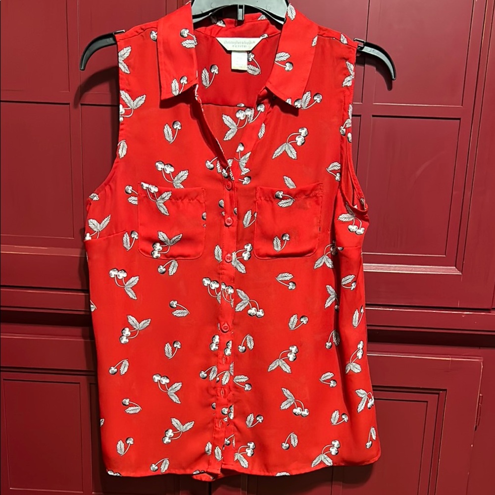 Christopher & Banks Red Sleeveless Button Down Cherry Print  Blouse